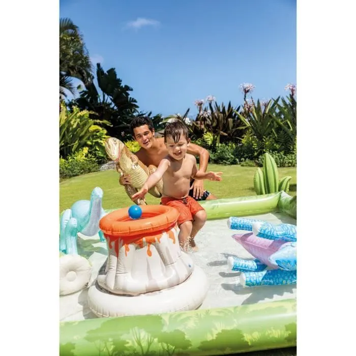 Aire de jeux gonflable - INTEX - Dino Aventure - 410 Litres - 2 ans+ - 201 x 201 x 36 cm - Inclus : 3 dinosaures, 2 cactus, volcan-0
