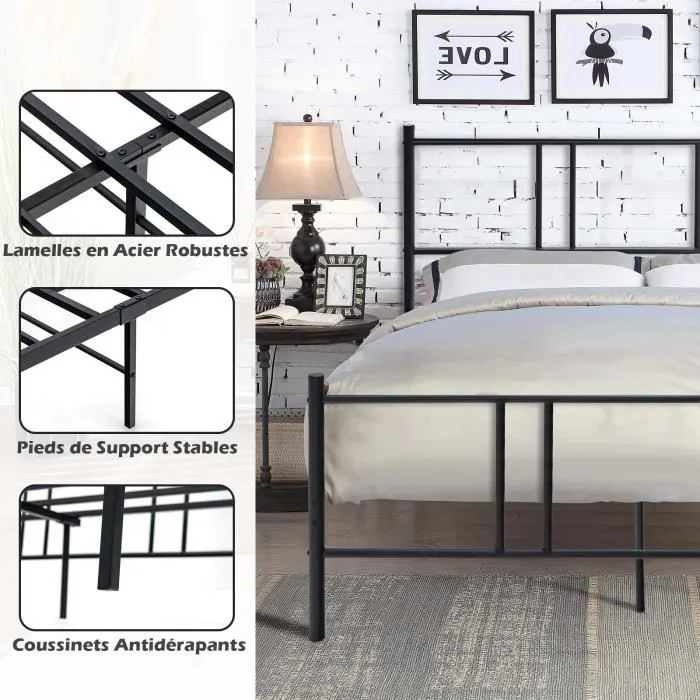 COSTWAY Lit Double pour Adulte - Cadre de Lit en Métal - 160 x 200 CM - 9 pieds de Support - pas de Sommier Nécessaire - sans Bruit-1