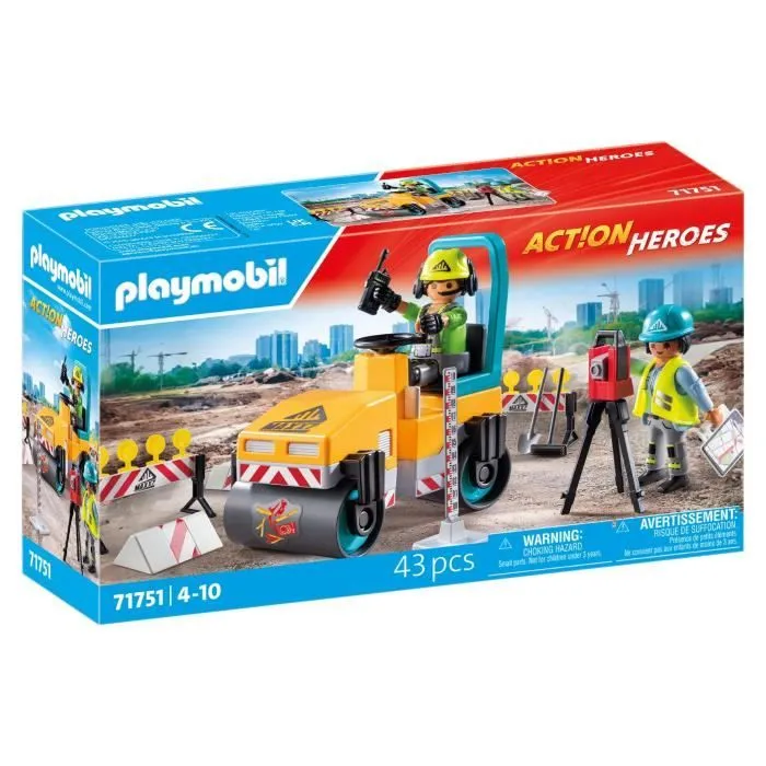PLAYMOBIL 71751 Ouvriers avec rouleau compresseur et signalisation, Action Heroes, La construction, 43 pièces, Dès 4 ans-0