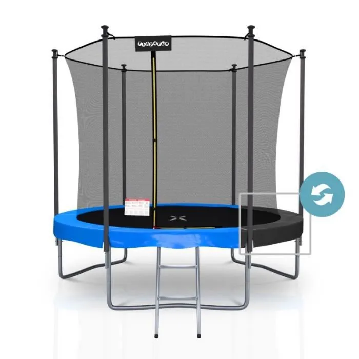 Trampoline extérieur Classique Play4Fun 8Ft - ø244cm - Avec Housse de coussin réversible Bleu - Noir, Echelle, Filet de sécurité,-0