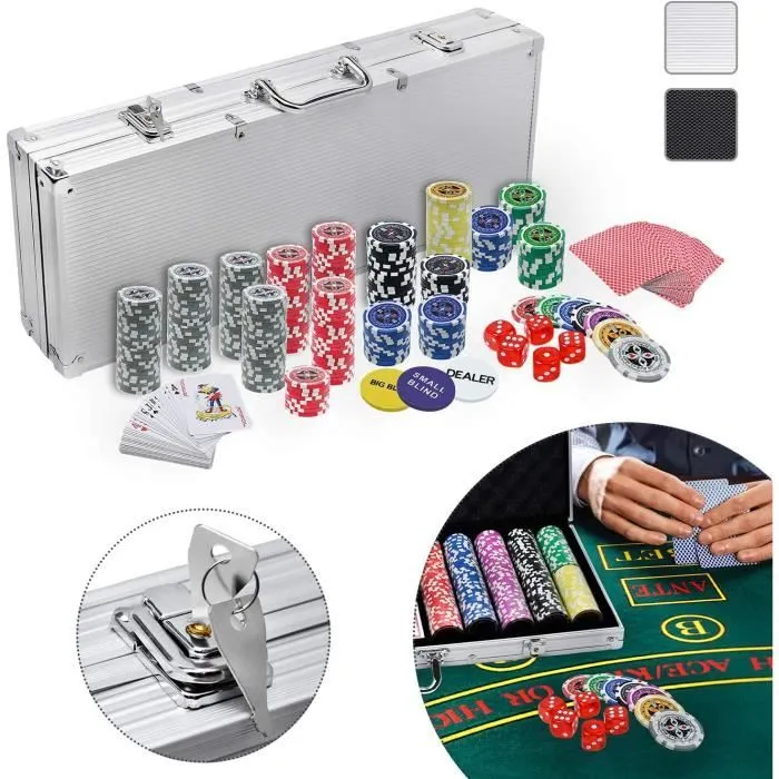 YUENFONG Aluminium Mallette de poker 500 jetons Texas Hold'em Poker avec 2 plateaux de poker et 5 dés 1 bouton dealer 2 clés Argenté-2