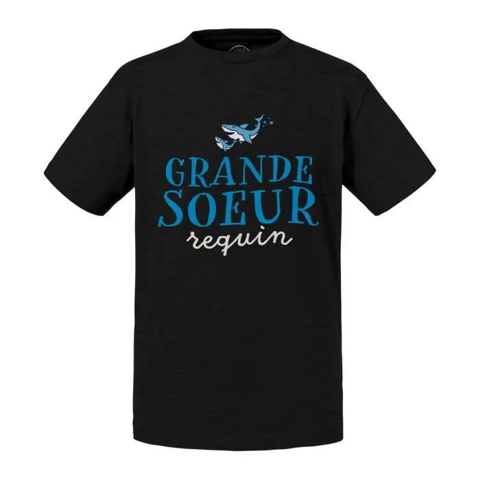 T-shirt Enfant Noir Grande Soeur Requin Poisson Mer Mignon-0