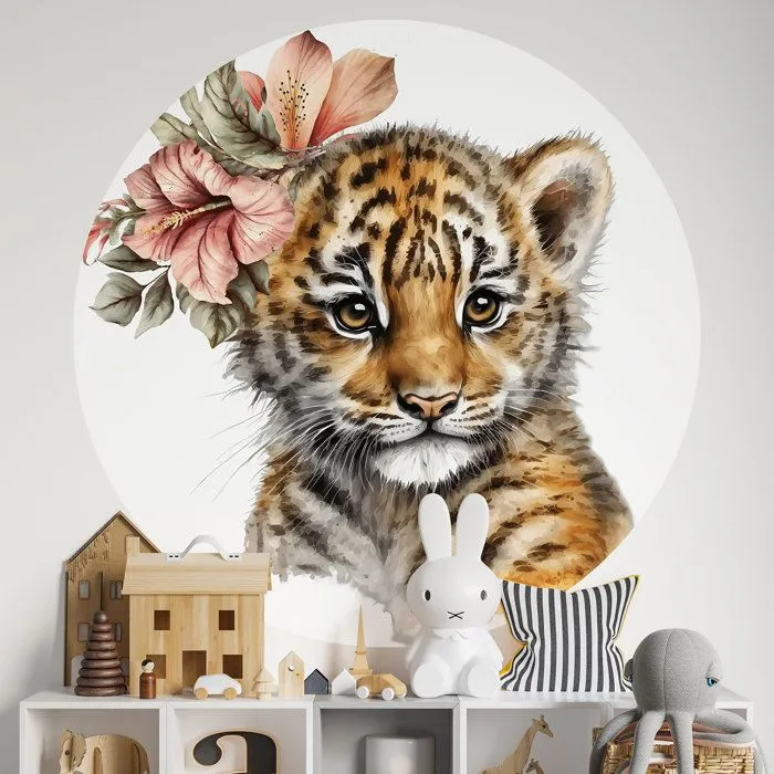 Sticker mural rond / cercle Enfants - Bébé Tigre 3617689817422 - Adhésif + Protection BRILLANTE - Diamètre 140 cm-0