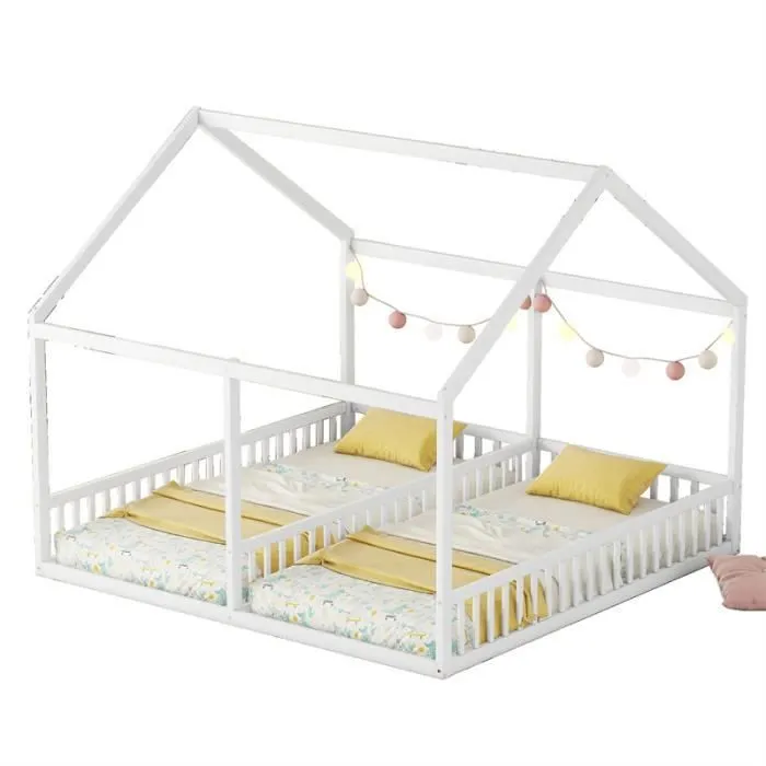 Lit cabane - Non spécifié - 90x200cm - Bois massif - 2 places - Blanc-2