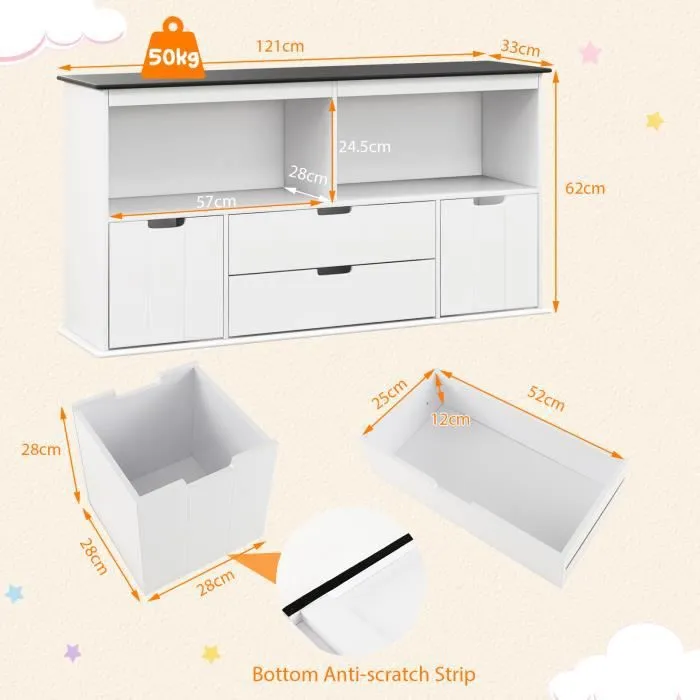 COSTWAY Coffre à Jouets pour Enfant avec Dessus de Tableau Noir, Compartiment Ouvert, 2 Tiroirs et 2 Bacs, pour Chambre d'Enfant-3