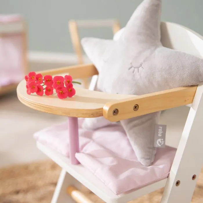 Chaise Haute pour Poupée Scarlett en Bois ROBA - Blanc / Naturel - Coussin Rose - 51,5 x 28 x 28 cm-1