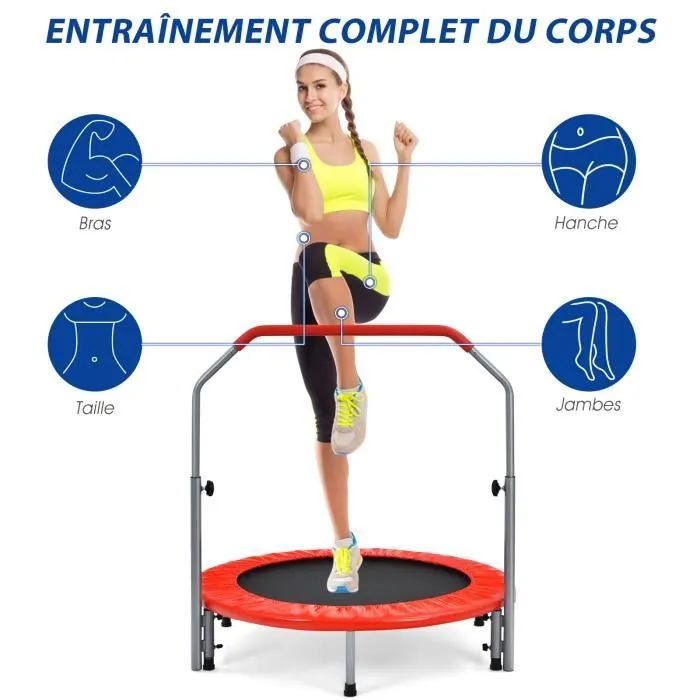 COSTWAY Trampoline de Fitness Pliable Enfants-Adultes 101 cm-Main Courante en Mousse-4 Hauteur Réglable-150 kg-Elastique-Rouge-1