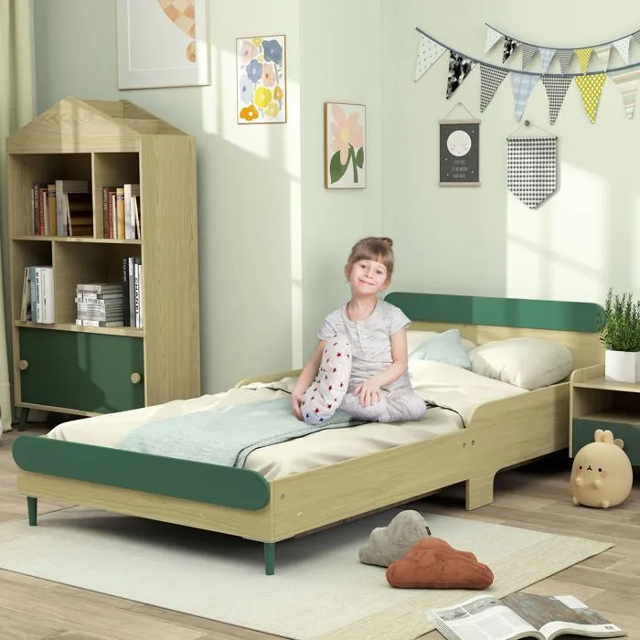 Lit pour enfant - AIYAPLAY - 3 à 10 ans - barrière de sécurité, sommier à lattes inclus - 195 x 103 x 60,5 cm - vert-1