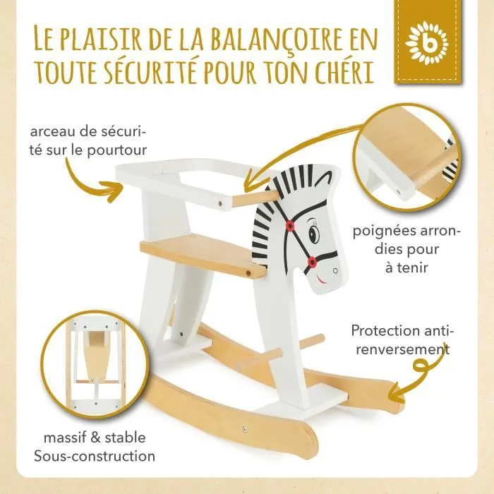 Cheval à Bascule en Bois Zèbre Bieco - Pour Bébé à partir de 1 an - Repose-pieds et Cadre de Sécurité-2