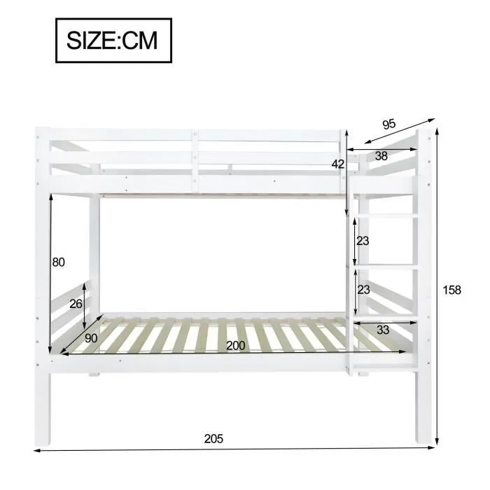 Lit superposé pour enfant, lit divisé en 2 lits simples, lit jeune, lit simple, blanc, 90x200cm-3