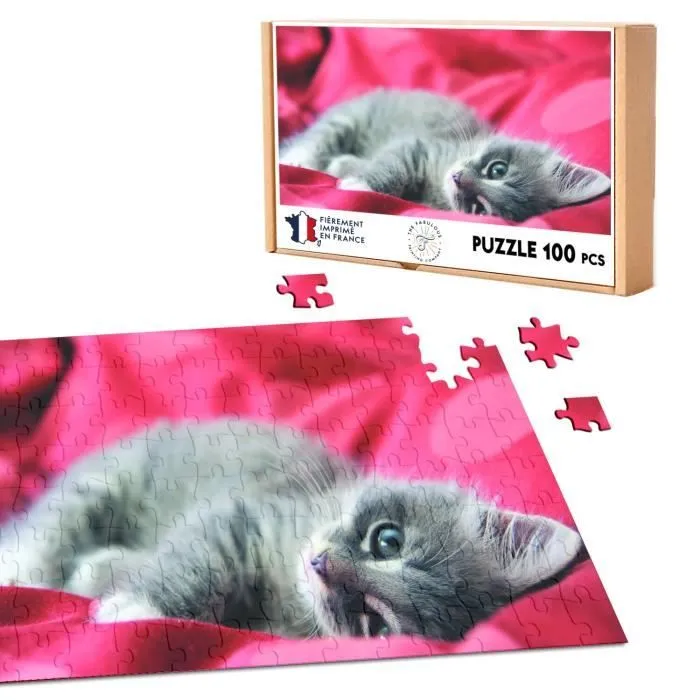 Puzzle Classique - FABULOUS - Chaton Gris Mignon Drap Rouge - 100 Pièces - Intérieur - Mixte - Adulte-0