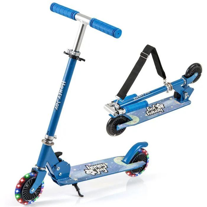 COSTWAY Trottinette Enfant Pliable avec 2 Roues Clignotantes & Béquille, 3 Hauteurs Réglables, Pont Elargi, 50kg pour 3-8 Ans, Bleu-0