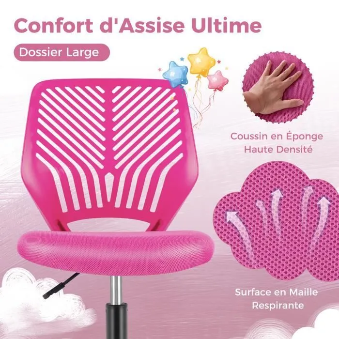 COSTWAY Chaise de Bureau Ergonomique en Maille, Hauteur du Siège Réglable 41-53 cm, pour Enfant, Adolescent, Adulte, Rose-2