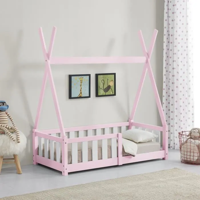 Lit Tipi pour Enfants Helsingborg avec Grille de Sécurité Pin 140 x 70 cm Rose [en.casa]-0