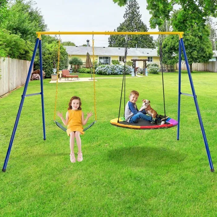 COSTWAY Portique avec Balançoire Nid d'Oiseau Ronde Ø100CM Balançoire Ceinture 1,2m pour Enfant Charge 300KG 2 Méthodes de Fixation-4
