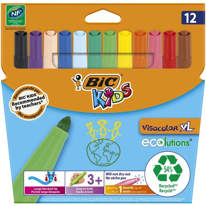 Feutre - BIC KIDS - 594 - Pochette de 12 - Pointe extra large - Couleurs assorties-0