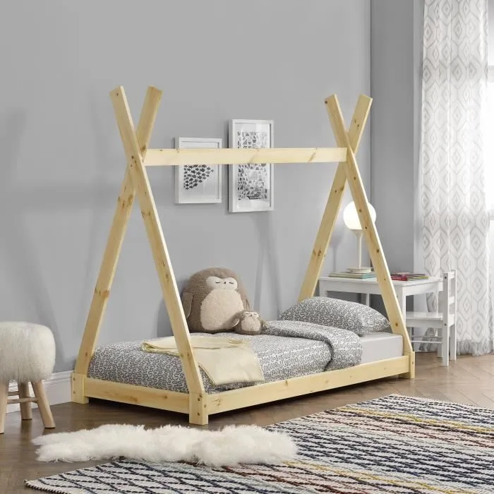 Lit de Tipi pour Enfant Onejda Bois Naturel 160 x 80 cm [en.casa]-1