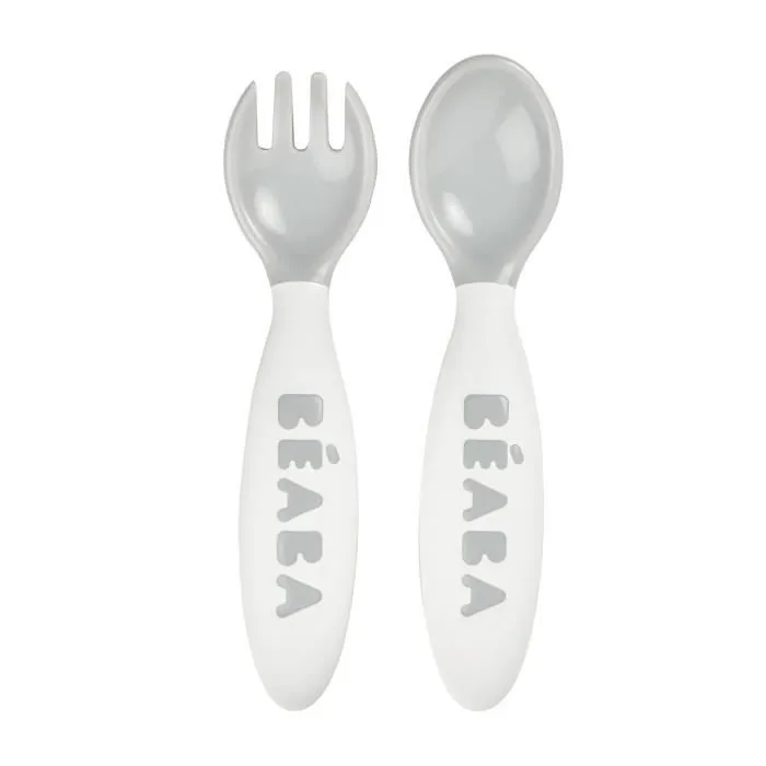Cuillère d'apprentissage 2ème âge BEABA - Set de 2 couverts ergonomiques - Light Mist-2