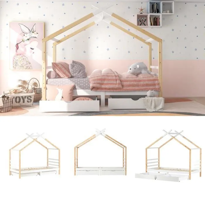 Lit cabane enfant 90x200 cm en bois, avec tiroirs et sommier à lattes, naturel et blanc-1