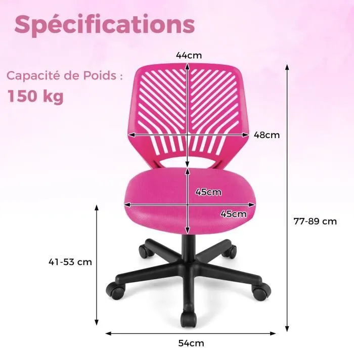 COSTWAY Chaise de Bureau Ergonomique en Maille, Hauteur du Siège Réglable 41-53 cm, pour Enfant, Adolescent, Adulte, Rose-3