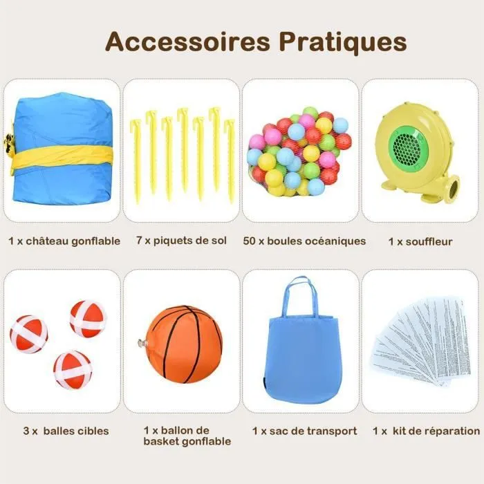 COSTWAY Château Gonflable avec Ventilateur 480W,Toboggan,Grande Zone de Saut,Piscine à Balles Océaniques,Panier de Basket,Sac-3