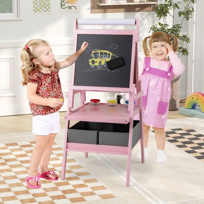 COSTWAY Chevalet d'Art 3 en 1 -Tableau Noir & Blanc Magnétique,Rouleau de Papier & 2 Bacs en Tissu pour Enfants 3-6 Ans Rose-1