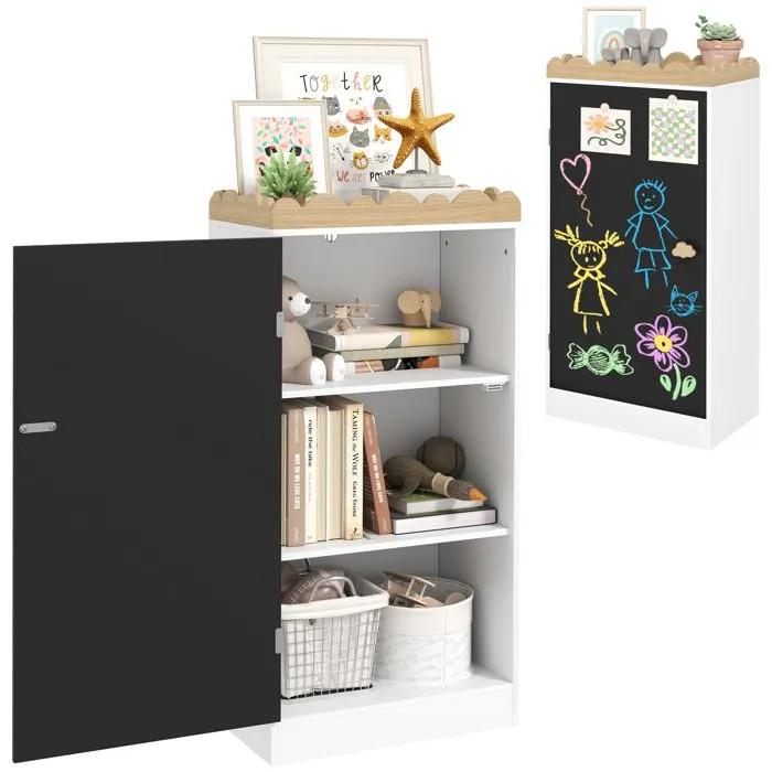 Meuble rangement enfant AIYAPLAY rangement jouet enfant avec porte en tableau noir, 3 casiers et plateau supérieur, blanc-0