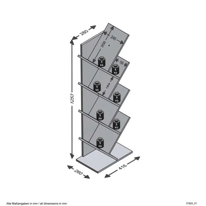 Bibliothèque Basil - FMD - Verticale - 8 étagères montées en chevrons - Blanc/Gris-3