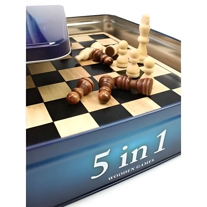 Coffret métal 5 jeux en 1 - TACTIC - Echecs, dames, backgammon, dominos et tic-tac-toe-0