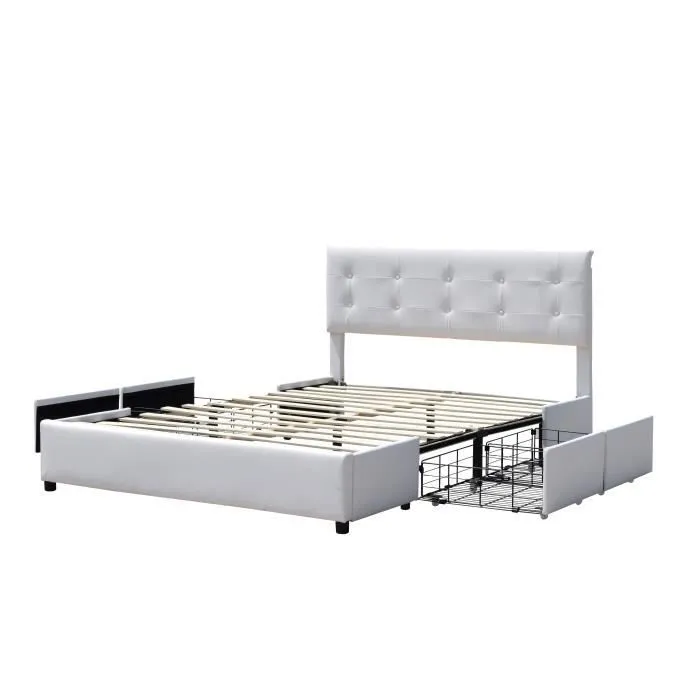 chloe - Solide et Confortable Lit 140x190 avec Sommier avec 4 tiroirs Tete de lit Couleur BLANC Pieds en 4 cm-0