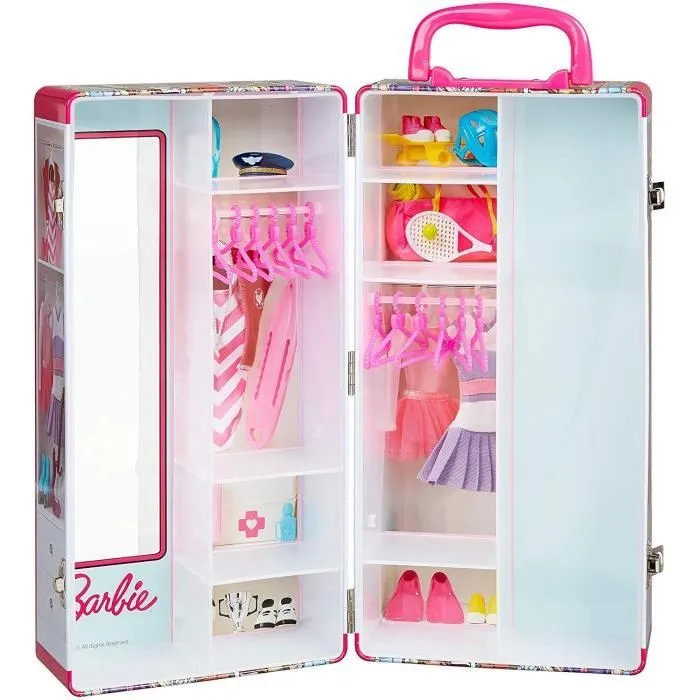 Mallette Armoire Barbie - Klein - Pour Vêtements et Accessoires de Poupées - Rose et Multicolore-0