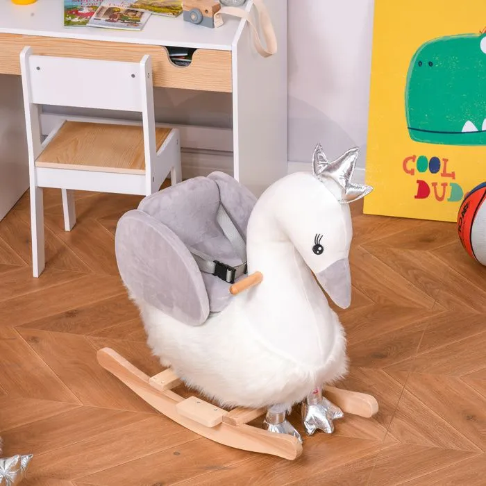Cheval à bascule modèle cygne fonction musicale selle grand confort peluche courte douce bois peuplier blanc et gris dim. 60L x 33l-2