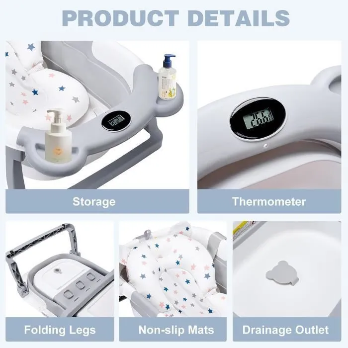 Baignoire Bebe Pliable avec Thermometre,Baignoire Bebe avec Coussin Baignoire Convient Aux Bébés de 0 à 36 Mois-1