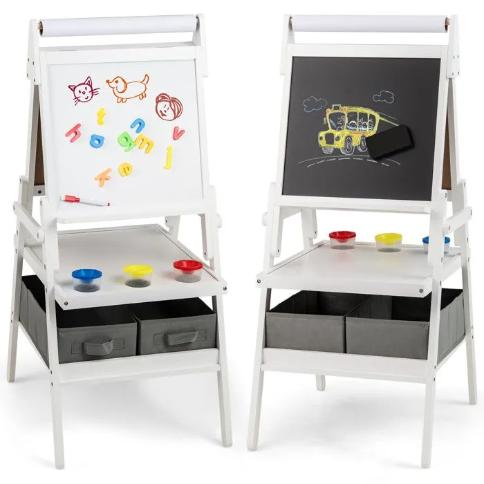 COSTWAY Chevalet d'Art 3 en 1 -Tableau Noir & Blanc Magnétique,Rouleau de Papier & 2 Bacs en Tissu pour Enfants 3-6 Ans Blanc-0