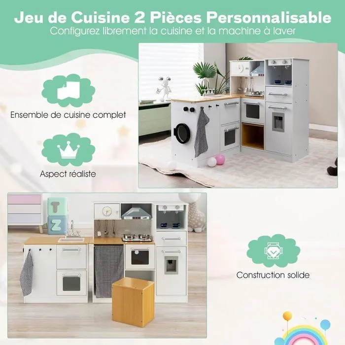 COSTWAY Cuisine d Angle Enfants en Bois 9 Accessoires Effect Sonore et Lumineux, Jeu d'imitation 3 Ans+, Cadeau idéal-2