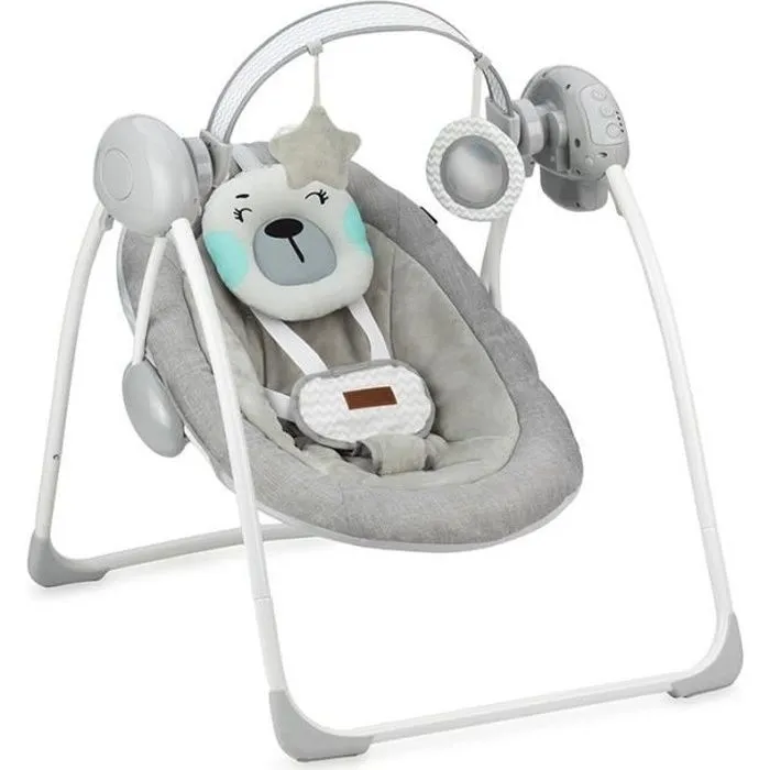 MoMi LISS - Balancelle Bébé Électrique - 5 vitesses de balancement - 8 mélodies - arche à jouets - Gris-0