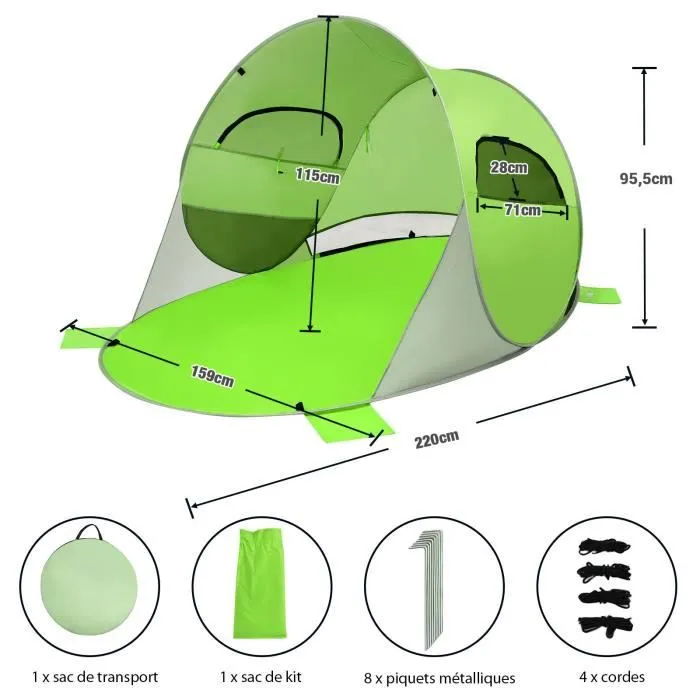 COSTWAY Tente de Plage Pop-up Pliable Automatique Instantanée 3-4 Personnes Anti UV avec 8 Sardines 4 Cordes d’Ancrage Vert-3