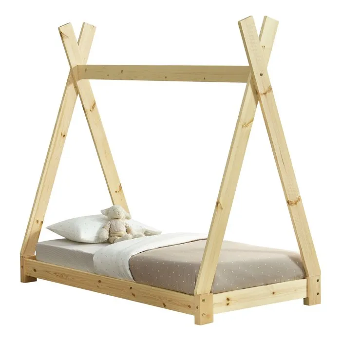 Lit de Tipi pour Enfant Onejda Bois Naturel 140 x 70 cm [en.casa]-2