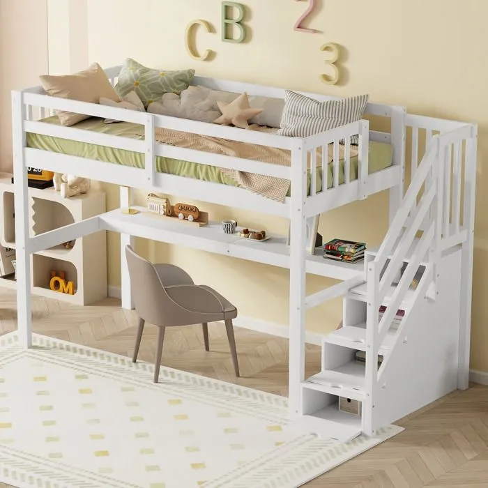 Lit mezzanine - Blanc - 90x200cm - Bureau intégré - Escalier avec rangement - 1 place-0