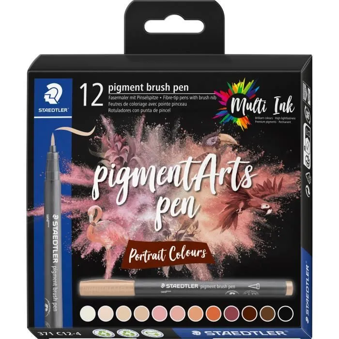 Pigment brush pen - STAEDTLER - Set de 12 Portrait Colours - Pointe de pinceau - Résistant à l'eau - Inodore-0