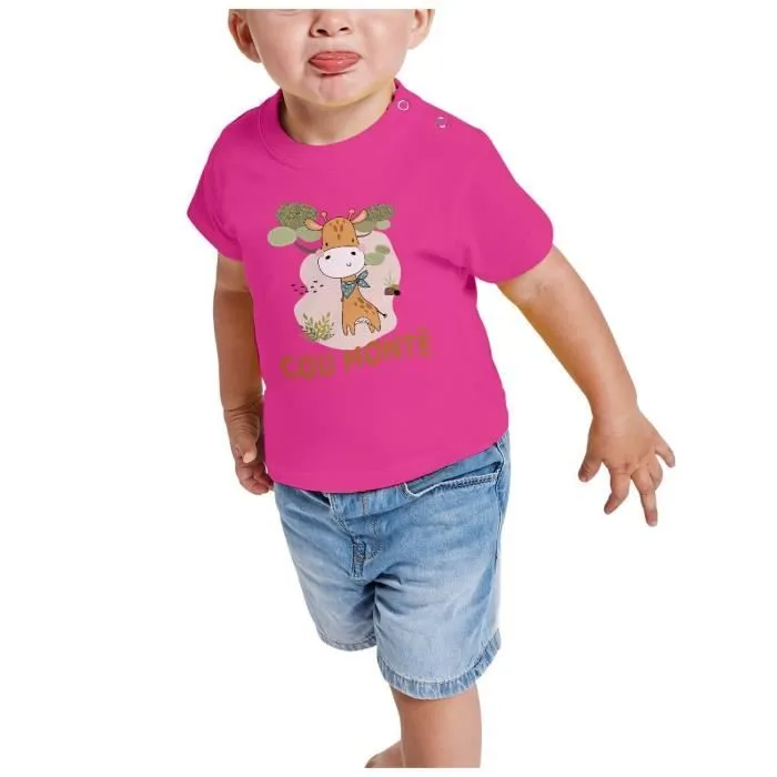 T-shirt Bébé Manche Courte Rose Girafe Cou Monté Humour Dessin Illustration-1