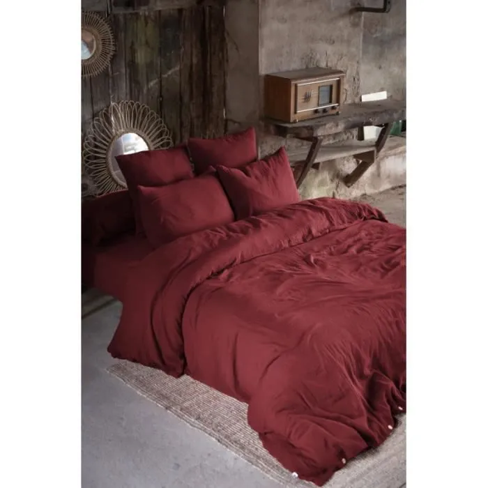 Parure de draps 5 pièces 1 Drap plat 270 x 300 + 1 Drap housse 180 x 200 + 2 Taies 60 x 60 + 1 Taie de Traversin Gaïa Lie de Vin-1