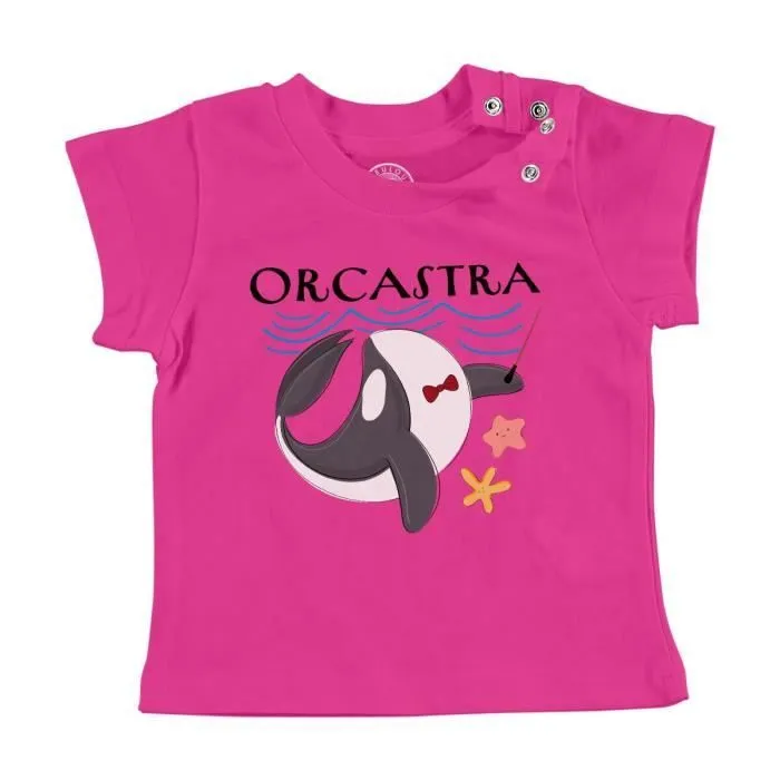 T-shirt Bébé Manche Courte Rose Orcastra Orchestre Animaux Orque Mer Dessin Enfant-0