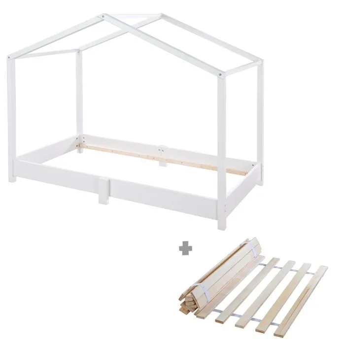Lit Cabane au Sol 70 x 140 cm - ROBA - Lit Montessori avec Sommier à Lattes - Blanc-0