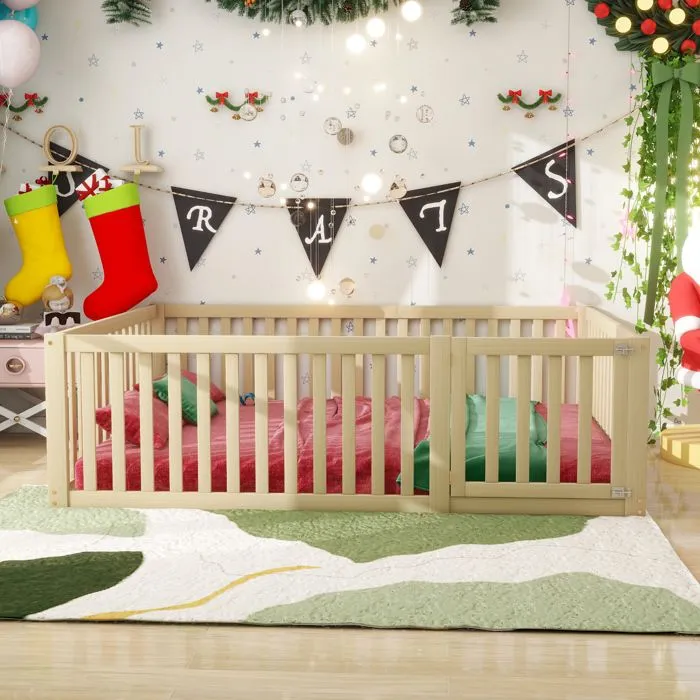 Lit enfant 140x200cm en bois massif avec barrière de sécurité - Naturel-3