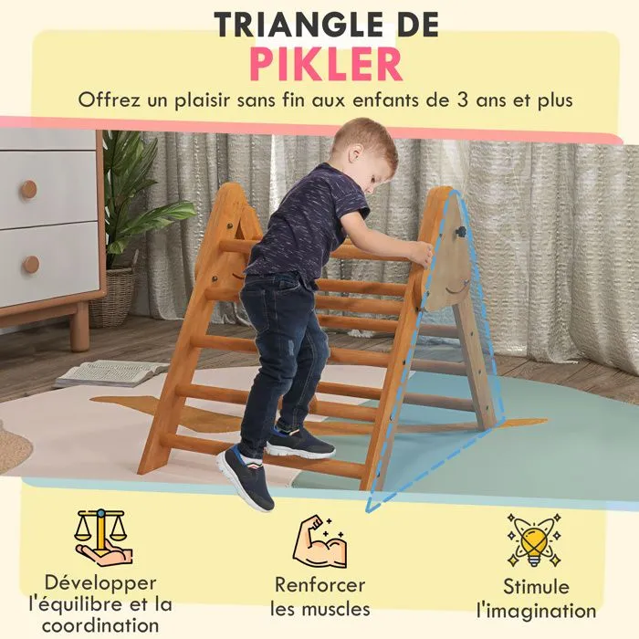 HOMCOM - Triangle d'apprentissage à grimper pour enfants - Bois de hêtre - 90x64x70cm - Marron-4