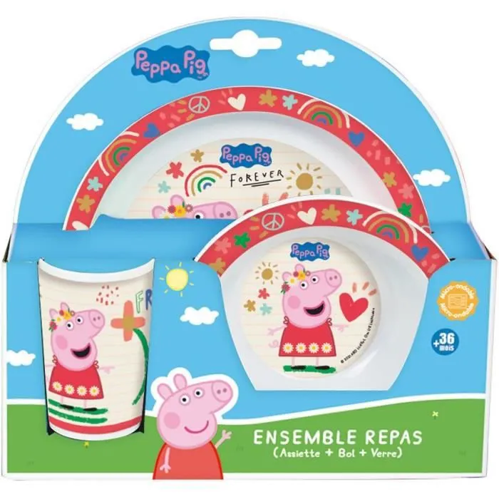FUN HOUSE Peppa pig Ensemble repas - 1 assiette ø 22 cm, une assiette creuse ø 16 cm et un verre 220 ml - Pour enfant-0