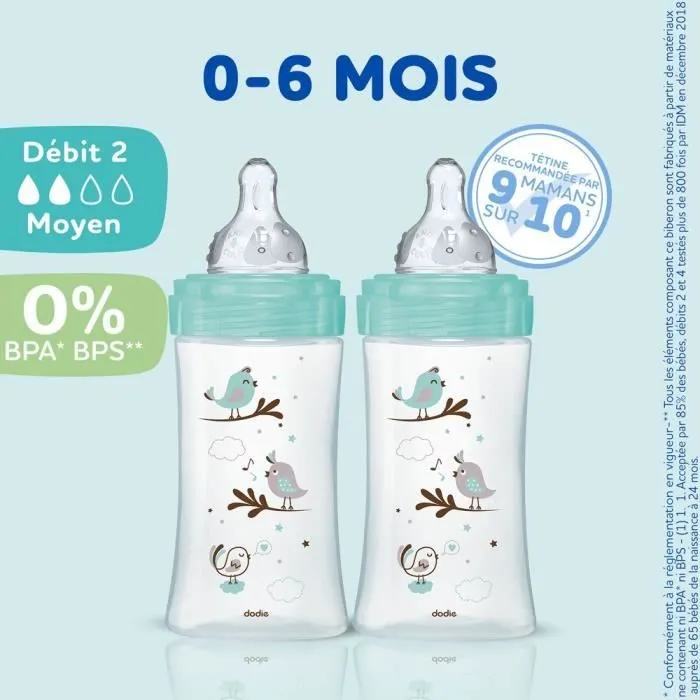 Lot de 3 Biberons DODIE Anti-Colique Initiation+ - Verre - 270ml - 0-6 Mois - Tétine Ronde - Débit 2-3