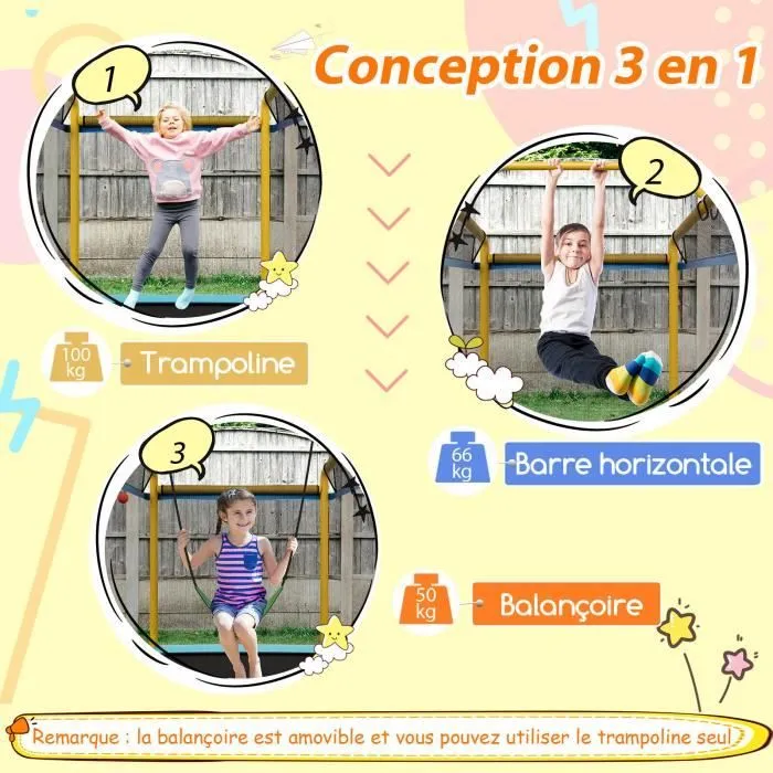 COSTWAY Trampoline pour Enfants Rectangulaire 190 x 124 cm 3 en 1 avec Balançoire,Barre Horizontale,Filet d'Enceinte 100kg Jaune-1