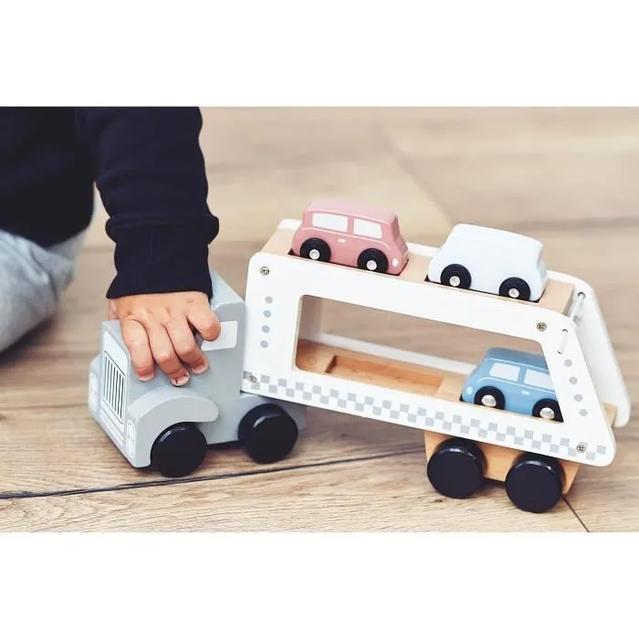 Mamabrum Camion Porte Voitures en Bois Premier âge - Transporteur avec Piste de remorquage – Dépanneuse à 4 Voitures Couleurs Pastel-2